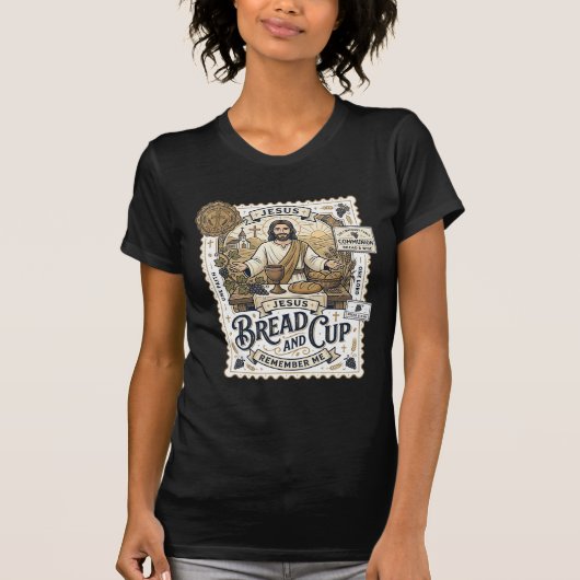 ヴィンテージスタイルのパンと杯 イエス 聖餐 キリスト教の信仰 Tシャツ (正面)