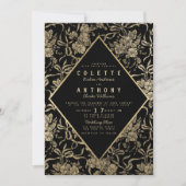 ヴィンテージスタイルのブラックゴールドの花飾り付き結婚式 招待状 (正面)