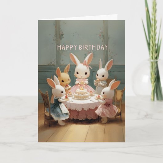 ヴィンテージスタイルのベイビーバニー誕生日パーティー（ケーキ付き） カード (正面)