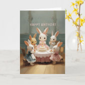 ヴィンテージスタイルのベイビーバニー誕生日パーティー（ケーキ付き） カード (黄色い花)