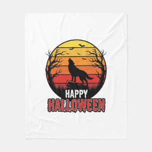 ヴィンテージスタイルの吠えるオオカミ ハッピーハロウィンベクター デザイン フリースブランケット