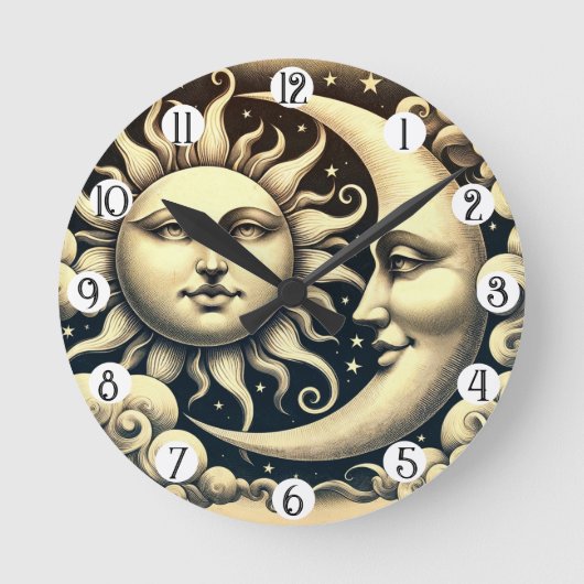 ヴィンテージスタイルの天体太陽と月 ラウンド壁時計 (正面)