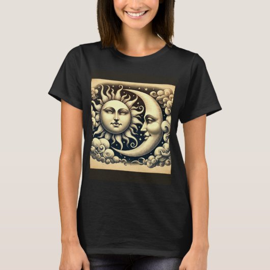 ヴィンテージスタイルの天体太陽と月 Tシャツ (正面)