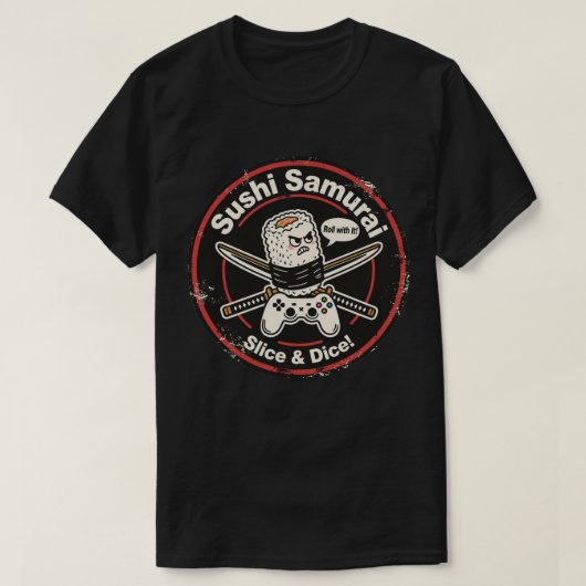 ヴィンテージスタイルの寿司ロールとコントローラーと刀 Tシャツ (デザイン正面)