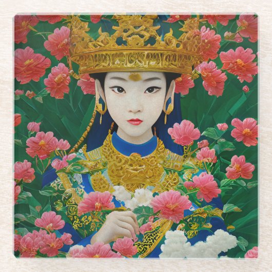 ヴィンテージスタイルの抽象的なアジアの少女と花 ガラスコースター (正面)