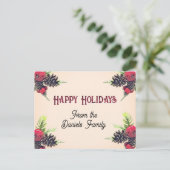 ヴィンテージスタイルの松ぼっくりとベリーのクリスマス ポストカード (スタンド正面)