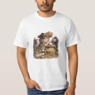 ヴィンテージスタイルの海賊猫と宝箱 Tシャツ