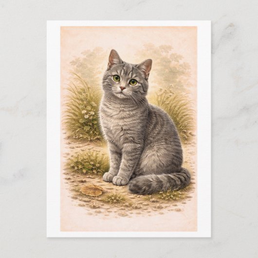 ヴィンテージスタイルの灰色の猫のイラスト ポストカード (正面)