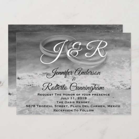 ヴィンテージスタイルの白黒ビーチ結婚式 招待状 (正面/裏面)