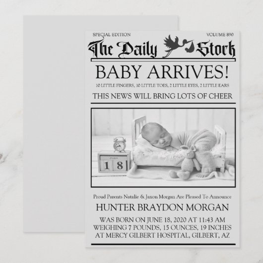 ヴィンテージスタイルの白黒新聞風ニュースレター 誕生のお知らせ 招待状 (正面/裏面)