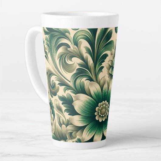 ヴィンテージスタイルの緑の花柄ラテマグ 12 & 17 oz カフェラテマグ (左アングル)