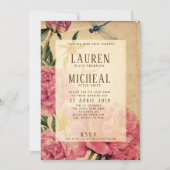 ヴィンテージスタイルの芍薬とトンボのウェディング招待状 招待状 (正面)