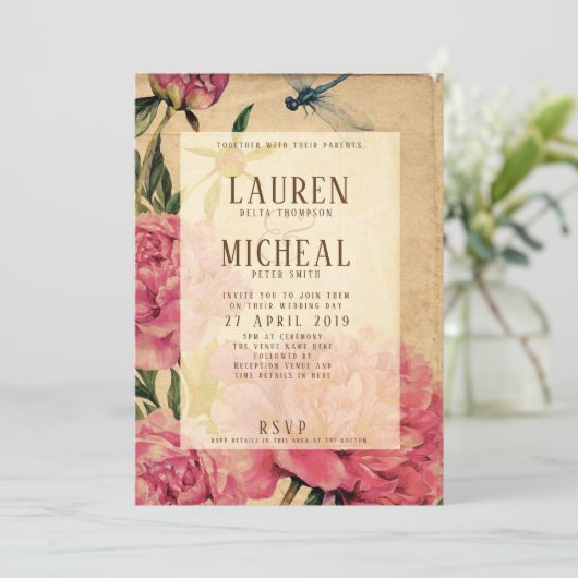 ヴィンテージスタイルの芍薬とトンボの結婚式招待状 招待状 (スタンド正面)