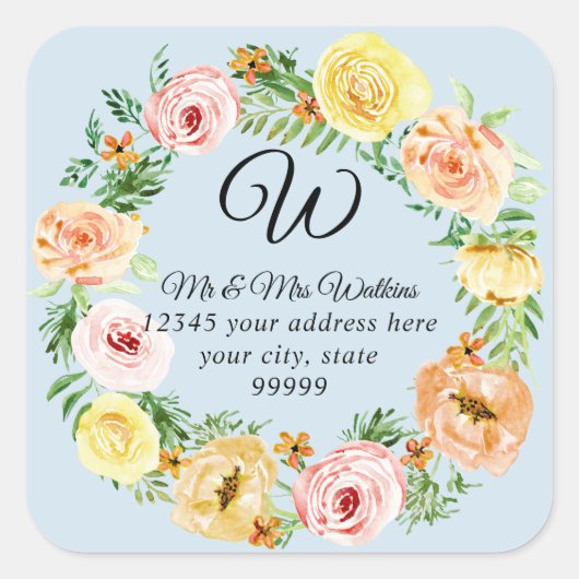 ヴィンテージスタイルの花モノグラム ブラッシュ ピーチ イエロー スクエアシール (正面)