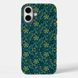 ヴィンテージスタイルの青い色の植物パターン  ケースM iPhone 16 PLUSケース