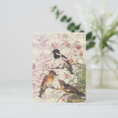 ヴィンテージスタイルの鳥の枝と音楽 ポストカード (スタンド正面)