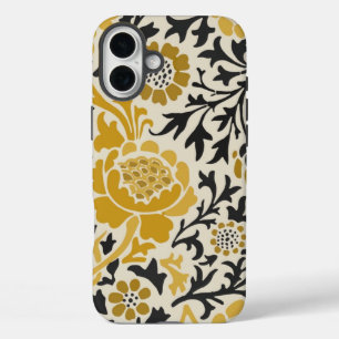ヴィンテージスタイルの黄色と黒の花柄パターン iPhone 16 PLUSケース