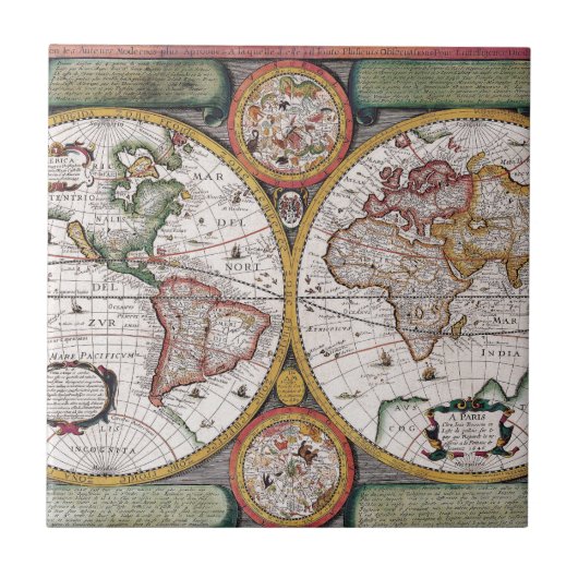 ヴィンテージスタイルの黄道十二宮図入り世界地図 タイル (正面)