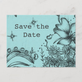 ヴィンテージスタイルの黒と青の花柄のSave the Date 案内ポストカード