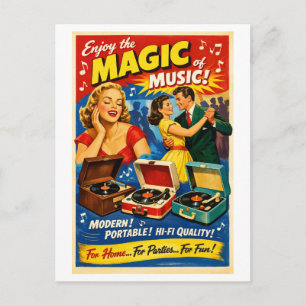 ヴィンテージスタイルの1950年代レコードプレーヤー広告 ポストカード