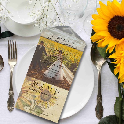 ヴィンテージスタイルひまわりイエロークリームフォト オールインワン招待状