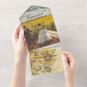 ヴィンテージスタイルひまわりイエロークリームフォト オールインワン招待状 (貼ってはがせる)