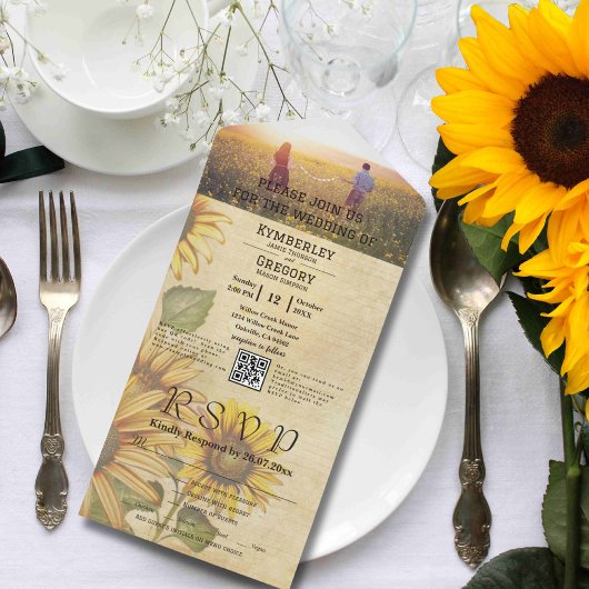 ヴィンテージスタイルひまわりイエロークリームフォトQRコード オールインワン招待状