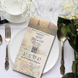 ヴィンテージスタイルひまわりフローラクリームQRコード写真 オールインワン招待状