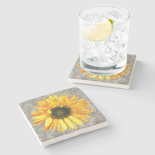 ヴィンテージスタイルひまわり花黄色グレー ストーンコースター (横)