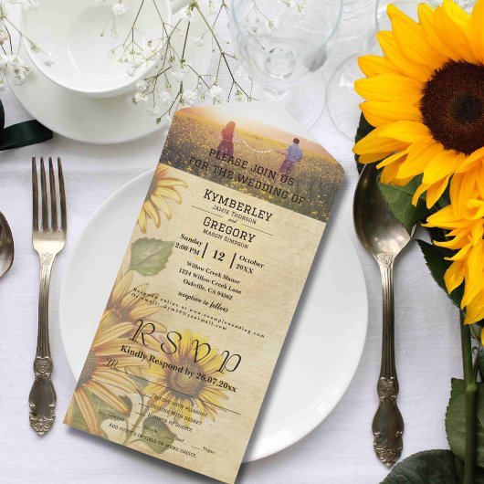 ヴィンテージスタイルひまわり黄色とクリームの写真 オールインワン招待状