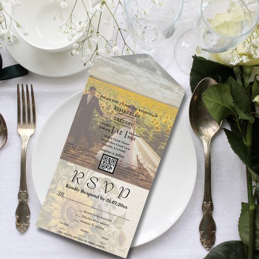 ヴィンテージスタイルひまわりQRコードフォト写真 オールインワン招待状