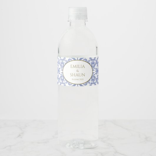 ヴィンテージスタイルほこりっぽい青と白パターン（の模様が）ある ペットボトルラベル (正面)