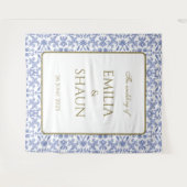 ヴィンテージスタイルほこりっぽい青と白結婚の タペストリー (正面(横))