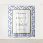 ヴィンテージスタイルほこりっぽい青と白結婚の タペストリー (正面)