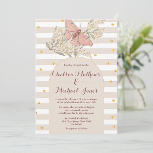 ヴィンテージスタイルアイボリーホワイトピンクチョウ結婚ズ 招待状 (スタンド正面)