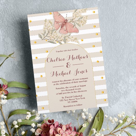 ヴィンテージスタイルアイボリーホワイトピンクチョウ結婚ズ 招待状