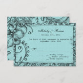 ヴィンテージスタイルアクアブルーフローラウェディングRSVP 出欠カード (正面/裏面)