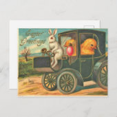 ヴィンテージスタイルイースターバニーと車の中のチックス ポストカード (正面/裏面)