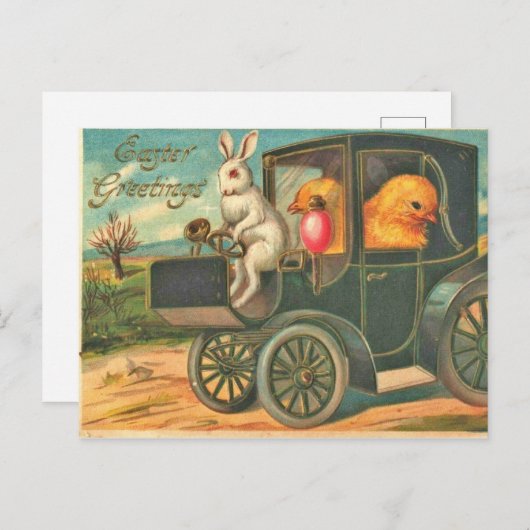 ヴィンテージスタイルイースターバニーと車の中のチックス ポストカード (正面/裏面)