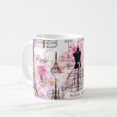 ヴィンテージスタイルエッフェルタワーコラージュピンクフローラ コーヒーマグカップ (正面左)