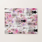 ヴィンテージスタイルエッフェルタワーコラージュピンクフローラ ジグソーパズル (横)