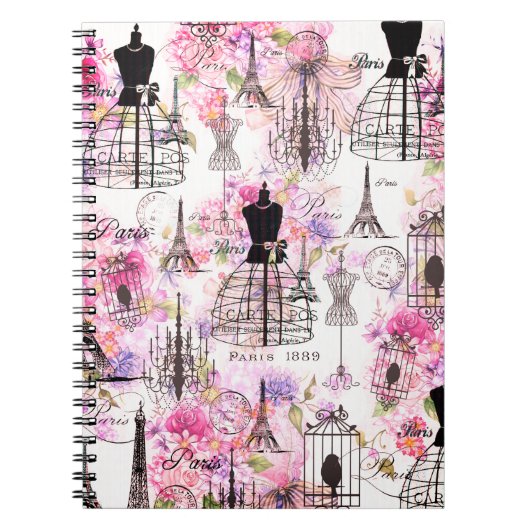 ヴィンテージスタイルエッフェルタワーコラージュピンクフローラ ノートブック (正面)