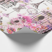 ヴィンテージスタイルエッフェルタワーコラージュピンクフローラ ラッピングペーパー (角)