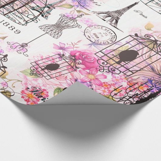 ヴィンテージスタイルエッフェルタワーコラージュピンクフローラ ラッピングペーパー (角)