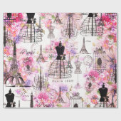 ヴィンテージスタイルエッフェルタワーコラージュピンクフローラ ラッピングペーパー (フラット)