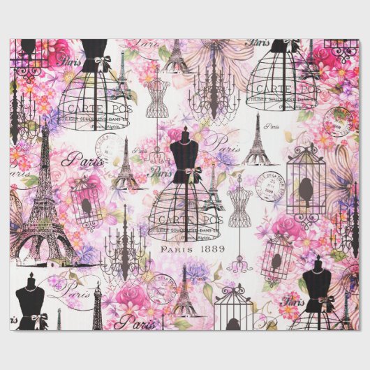 ヴィンテージスタイルエッフェルタワーコラージュピンクフローラ ラッピングペーパー (フラット)