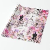 ヴィンテージスタイルエッフェルタワーコラージュピンクフローラ ラッピングペーパー (アンロールド)