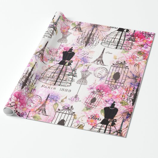 ヴィンテージスタイルエッフェルタワーコラージュピンクフローラ ラッピングペーパー (アンロールド)