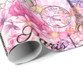 ヴィンテージスタイルエッフェルタワーコラージュピンクフローラ ラッピングペーパー (ロールコーナー)