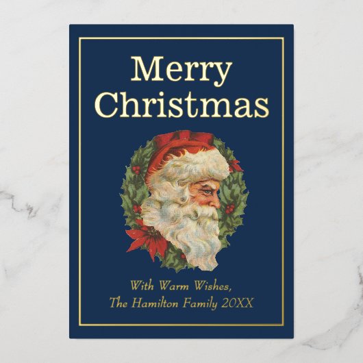 ヴィンテージスタイルエレガントサンタメリークリスマス金ゴールド 箔シーズンカード (正面)